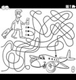 maze with cartoon man and airplane coloring book vector image