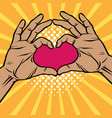 pop art two hands making heart sign cartoon comic vector image vector image