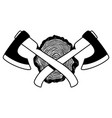 crossed lumberjack axes with wood cut design vector image vector image
