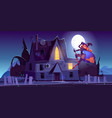 beautiful witch flying on broom near haunted house vector image vector image