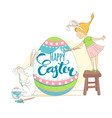 happy easter greeting card girl and rabbit vector image