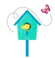 blue cartoon bird house with birdie on perch vector image