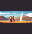 tourists couple near impressive eruption of active vector image vector image