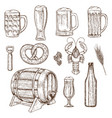 set of beer glasses bottle and snack icons vector image